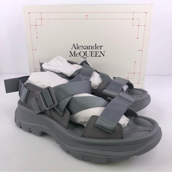 NEW Alexander McQueen Hybrid Tech Leather Rubber Sandals Gray Size 43 US 10 $690 - Picture 1 of 9